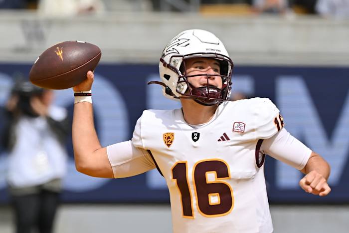 ep 30, 2023; Berkeley, California, USA; Arizona State Sun Devils quarterback Trenton Bourguet (16) prepares to throw against the California Golden Bears during the second quarter at California Memorial Stadium. Mandatory Credit: Robert Edwards-USA TODAY Sports